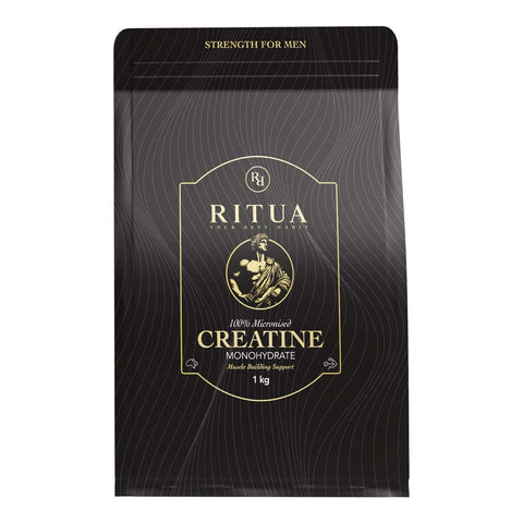 Black package of Ritua Creatine Monohydrate with gold text on a white background.