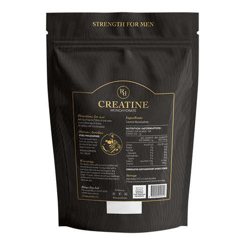 Black package of creatine monohydrate for men with gold text on a white background.