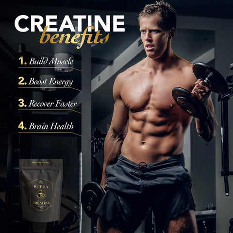 Muscular man holding dumbbells with creatine benefits text and RITUA Creatine package on a gym background.