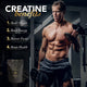 Muscular man holding dumbbells with creatine benefits text and RITUA Creatine package on a gym background.