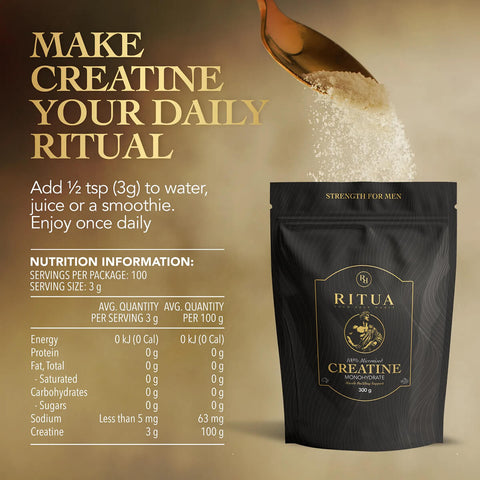 Ritua Creatine packaging with nutritional information on a beige background.