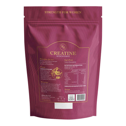 Purple package of creatine monohydrate for women with gold text on a white background.