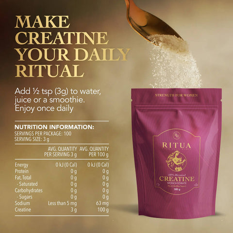 Ritua Creatine packaging with nutrition information on a beige background.