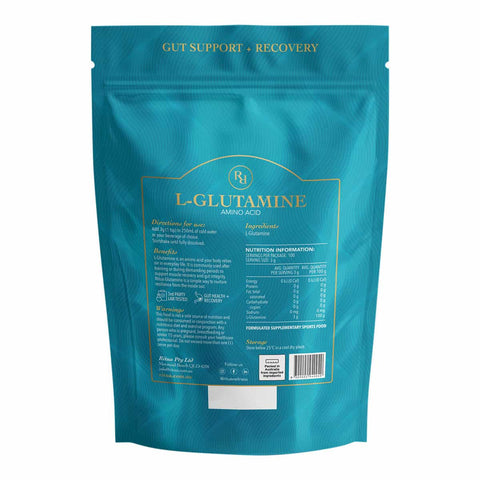 Back of Ritua L-Glutamine package with usage instructions, nutritional information & benefits.