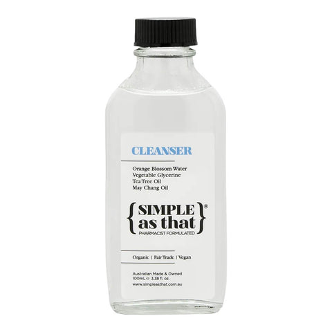 Clear bottle of 'Simple as That' cleanser on a white background