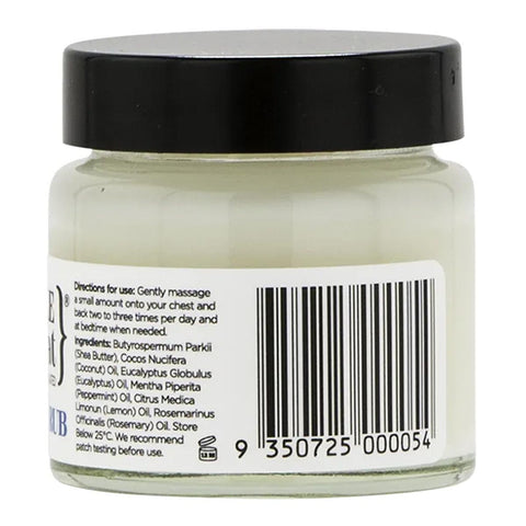 Back of vapour rub jar with a black lid and label with directions for use and ingredients.