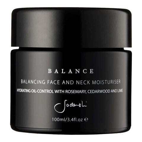 Black jar of Sodashi Balancing Face and Neck Moisturiser on a white background.