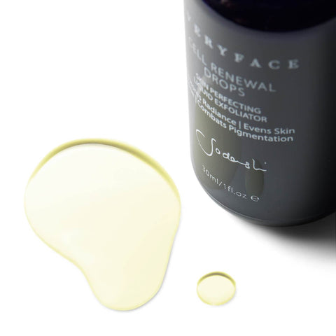 Sodashi cell renewal drops closeup of bottle with a swatch of the drops next to it. 
