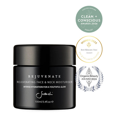 A black jar of Sodashi Rejuvenating Face & Neck Moisturiser on a white background, accompanied by three award badges on the right.