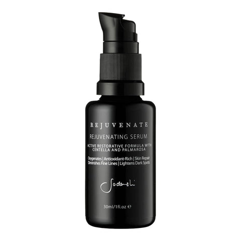 Black bottle of Sodashi Rejuvenating Serum on a white background. 