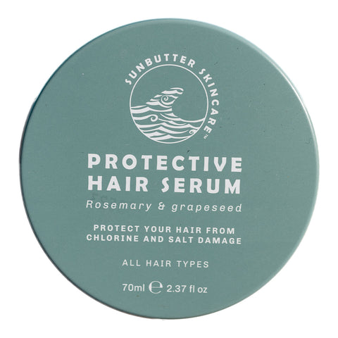 70ml tin of SunButter Skincare Protective Hair Serum with rosemary and grapeseed, a deeply nourishing hair restoration serum designed to protect your hair from chlorine and salt damage. Suitable for all hair types. Packaged in a blue tin with simple white text.