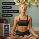 Woman meditating with Superfeast Ashwagandha supplement bottle, text on benefits.