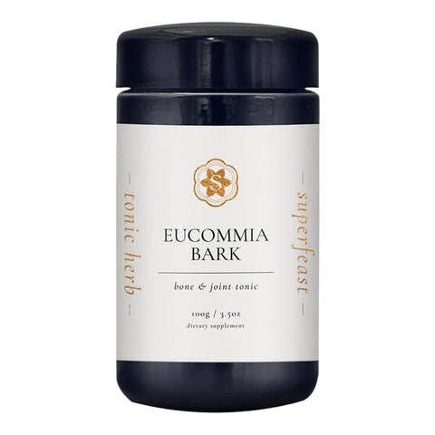 Jar of Eucommia Bark with black lid and white label on a white background.