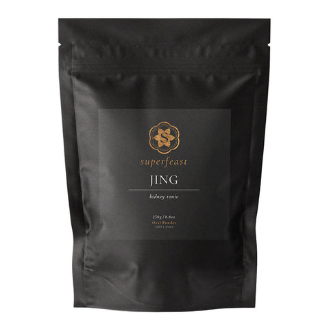 Black package of superfeast JING kidney tonic on a white background