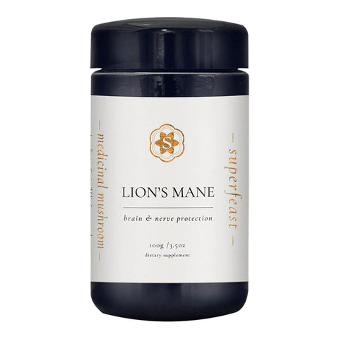 Supplement container labeled 'Lion's Mane' with black lid on a white background