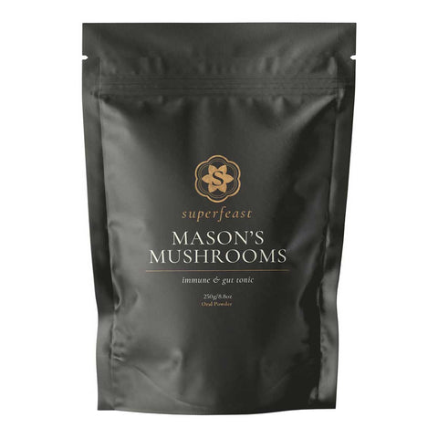 Black package of 'Mason's Mushrooms' by Superfeast on a white background
