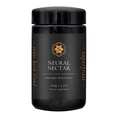 Black container of Neural Nectar tonic herb blend on a white background