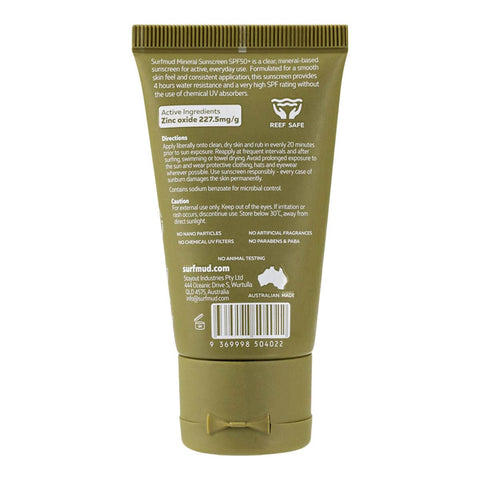 Back view of a green sunscreen tube with text and branding on a white background