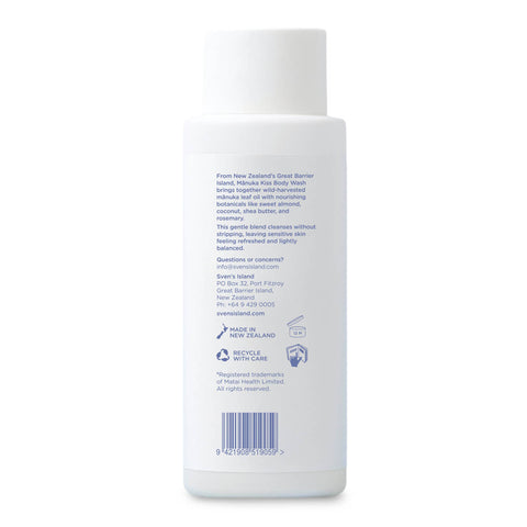 Back label of Manuka Kiss Body Wash showing product description on a white background.