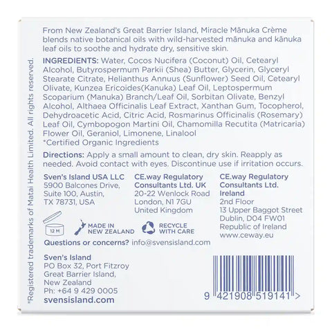 Back of a Miracle Manuka packaging packaging with ingredients list, directions, and contact information.