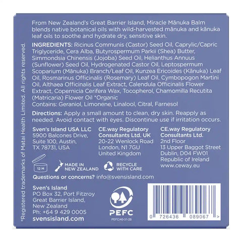 Back label of miracle manuka skin balm showing ingredients & directions.
