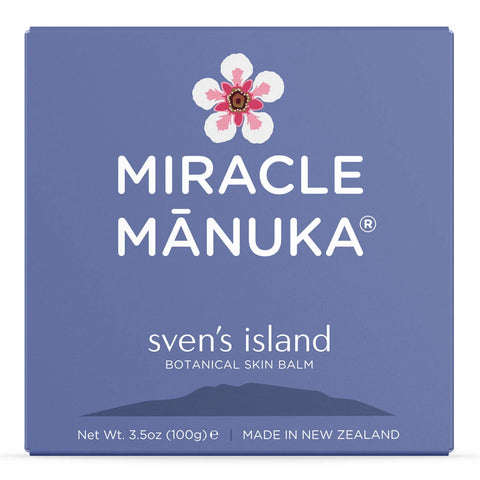 Blue packaging of Miracle Manuka sven's island botanical skin balm with a flower logo. 100g size.