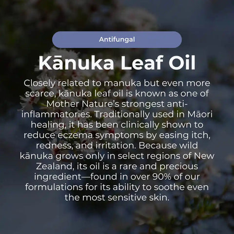 Text about Känuka Leaf Oil with a blurred background of flowers.