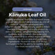 Text about Känuka Leaf Oil with a blurred background of flowers.