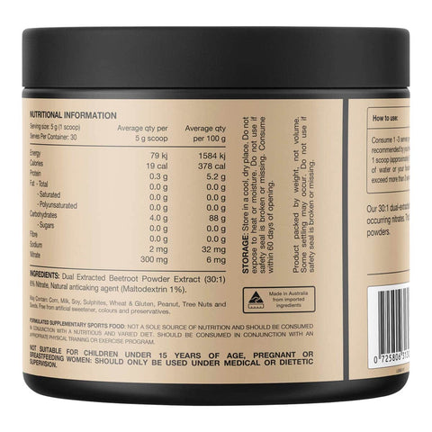 Back label of a supplement container with nutritional information and ingredients.