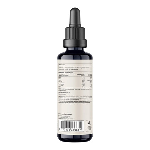 Back of chaga dropper bottle showing nutrition information, instructions for use and more product details.