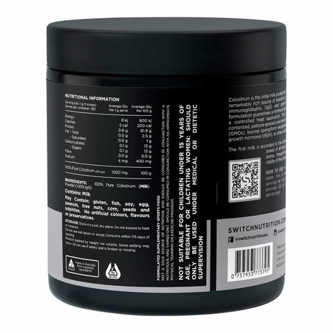 Back label of a supplement container with nutritional information and QR code.