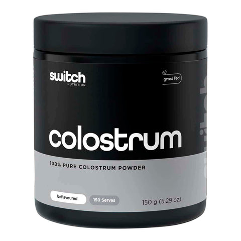 150g container of Switch Nutrition colostrum powder on a white background. Unflavoured.