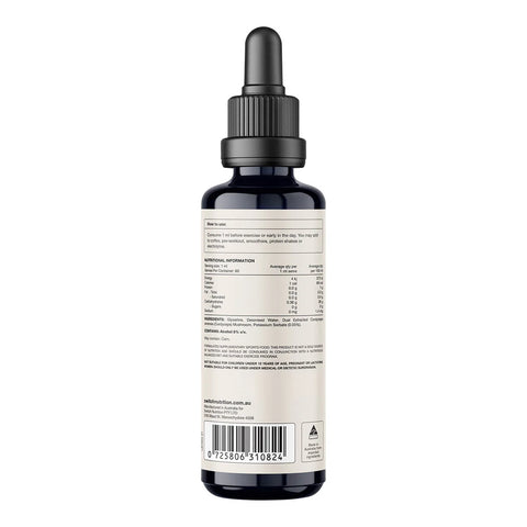 Back of cordyceps dropper bottle showing nutrition information, instructions for use and more product details.