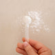 Hand holding a white powder sample against a beige background.