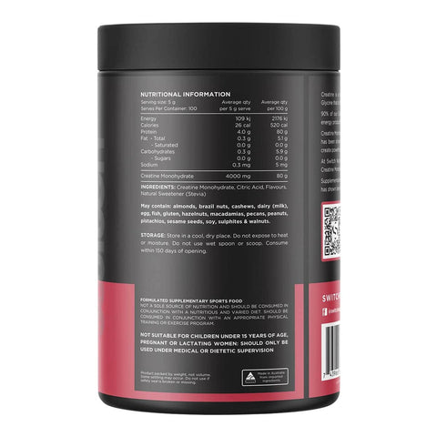 Back label of creatine monohydrate powder with nutritional information and ingredients on a white background