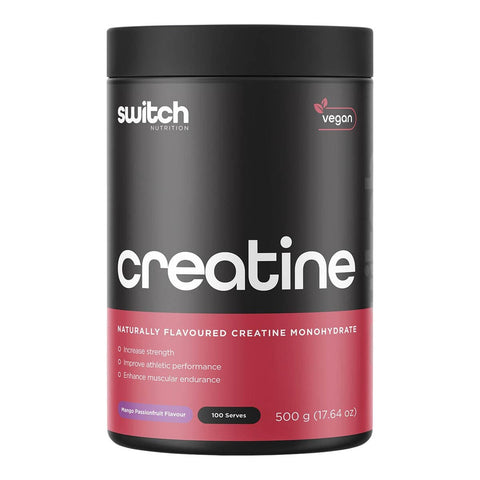 500g black and red container of switch nutrition creatine monohydrate mango passionfruit flavoured powder on a white background