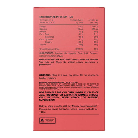 Creatine monohydrate, back of sachet box with nutritional information and usage instructions.