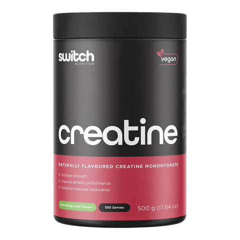 500g black and red container of switch nutrition creatine monohydrate on a white background.