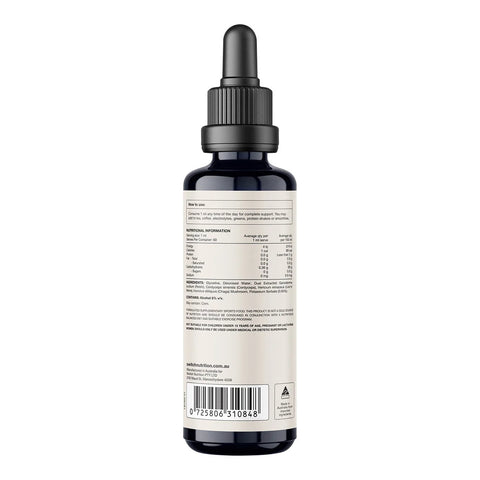 Back of four blend dropper bottle showing nutrition information, instructions for use and more product details.