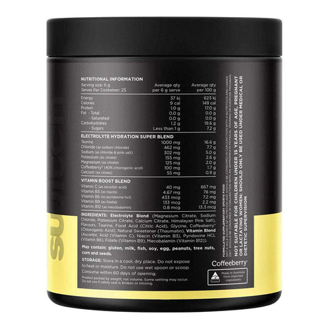 Back label of 150g hydrate electrolytes container with nutritional information and ingredient list.