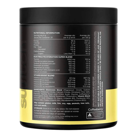 Back label of 150g hydrate electrolytes container with nutritional information and ingredient list.