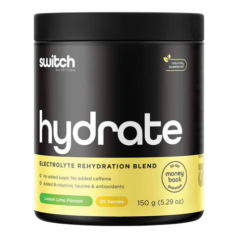 150g container of Switch Nutrition Hydrate Electrolyte Rehydration Blend on a white background. Lemon lime flavour. No added caffeine or sugar. Added B vitamins, taurine & antioxidants.