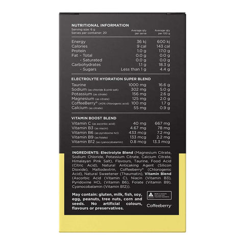 Nutritional information and ingredient list on a supplement package with a yellow border.