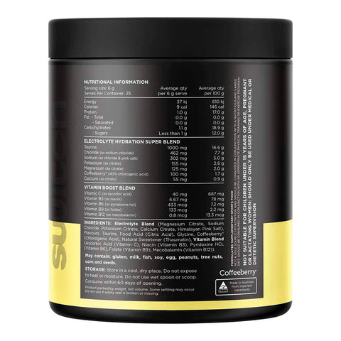 Back label of 150g hydrate electrolytes container with nutritional information and ingredient list.