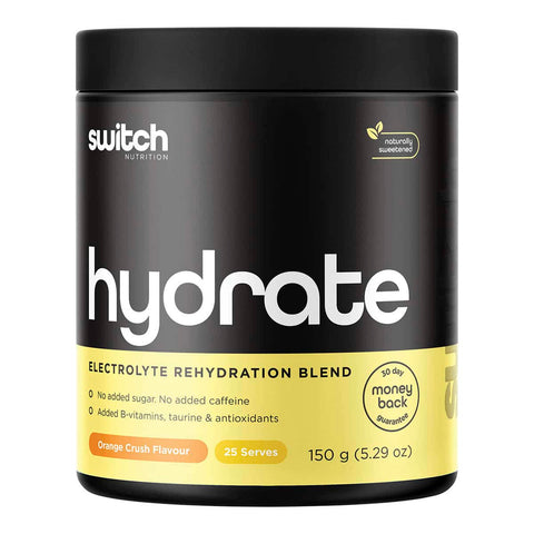 150g container of Switch Nutrition Hydrate Electrolyte Rehydration Blend on a white background. Orange crush flavour. No added caffeine or sugar. Added B vitamins, taurine & antioxidants.