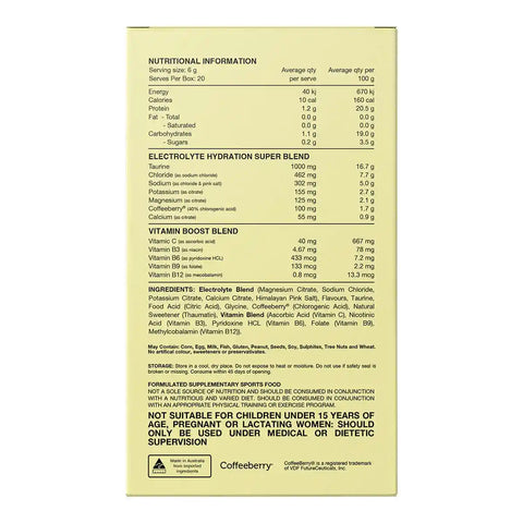Back view of hydrate electrolytes packaging showing nutritional information label.
