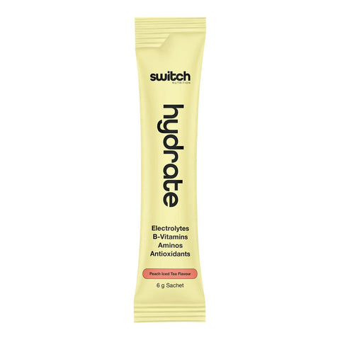 Single yellow 6g hydrate sachet - peach iced tea flavour. 