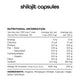 Nutritional information and ingredient list for shilajit capsules on a white background.