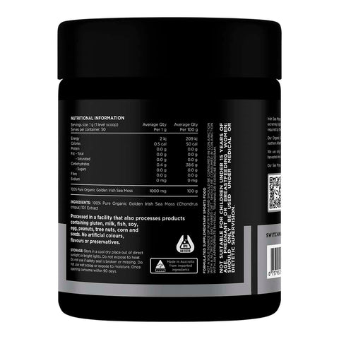 Black supplement container with nutritional information and ingredient list on a white background.