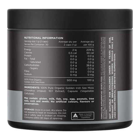 Nutritional information label on a supplement container.